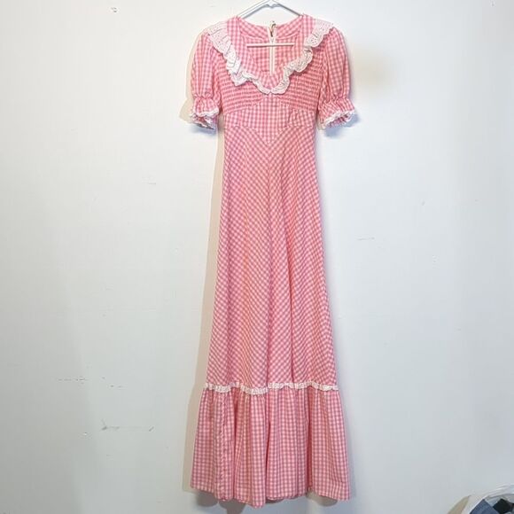 Vintage 1970s Pink White Gingham Ruffled Prairie Maxi Dress, Size XS - Picture 4 of 16